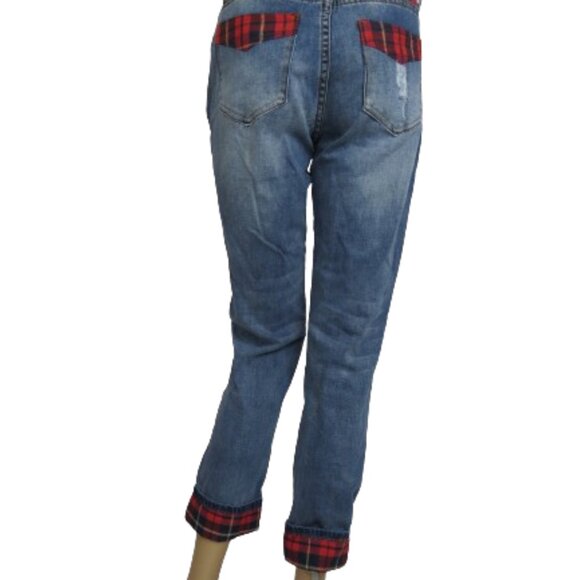 Cartise Distressed Peek-A-Boo Plaid Cuff Stretch Jeans - Picture 6 of 8